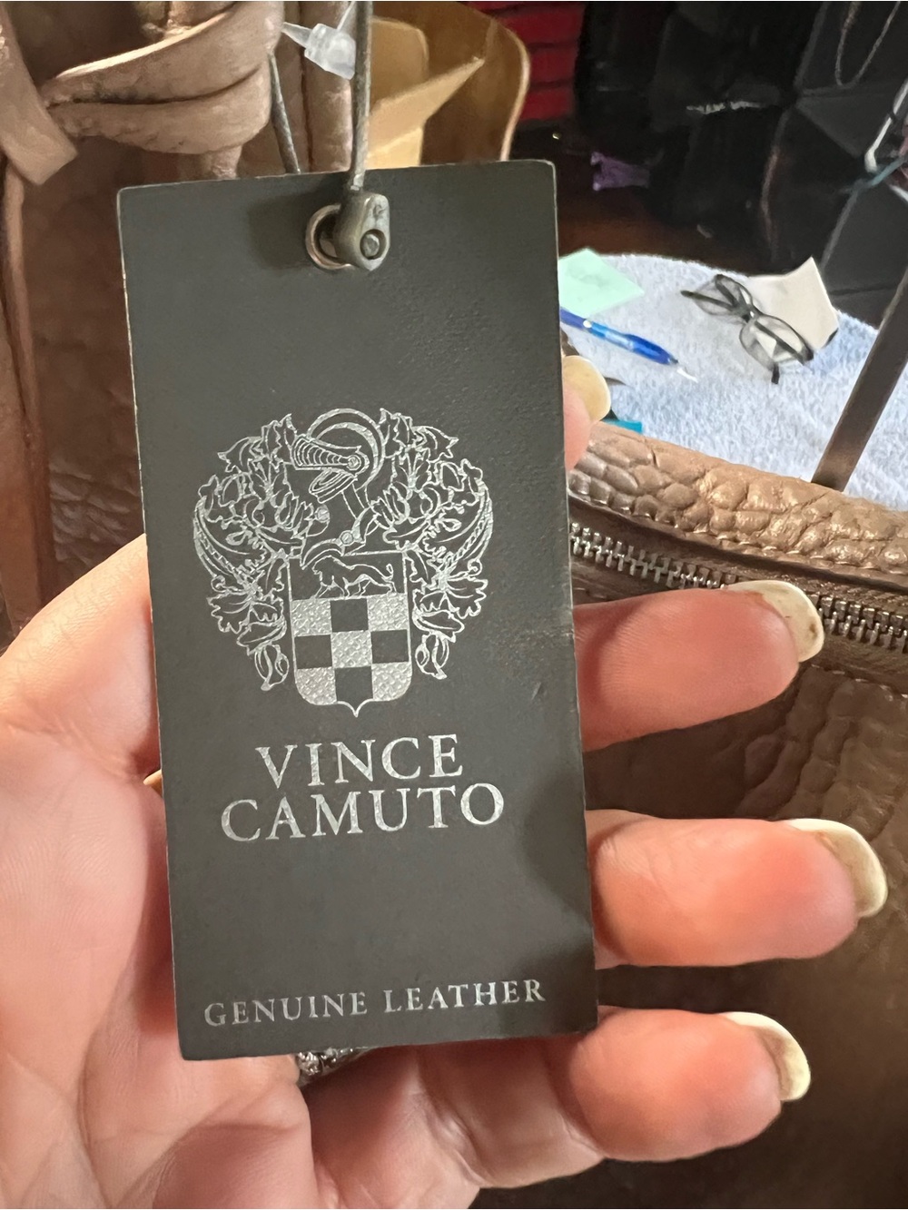 Vince Camuto Metallic Taupe Pebbled Leather Shoulder Tote - Picture 3 of 3